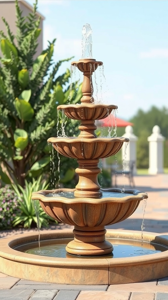 A tiered outdoor fountain with multiple levels and water flowing down, surrounded by greenery.
