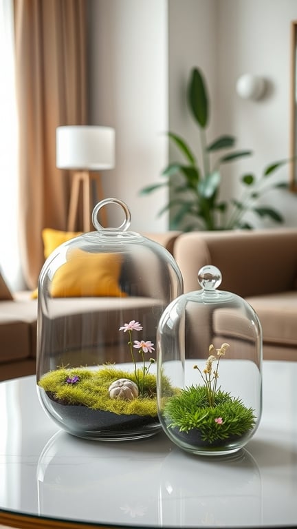Two elegant glass terrariums with flowers and moss on a table.
