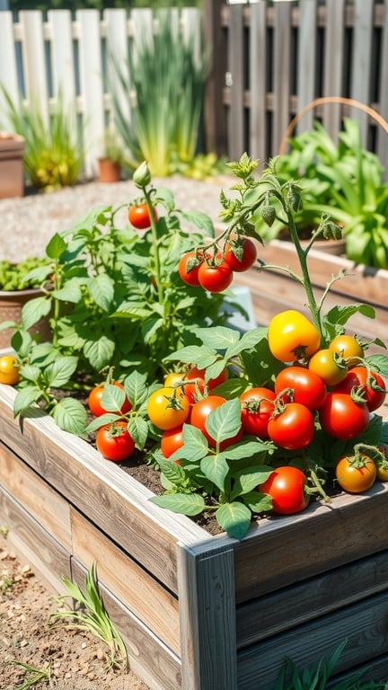 A raised bed garden filled with ripe red and yellow tomatoes, showcasing a small vegetable garden.