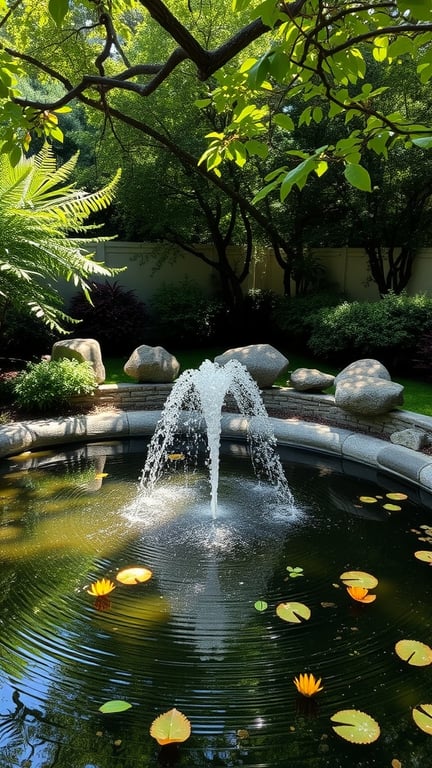 A serene pond with a fountain surrounded by greenery and water lilies.