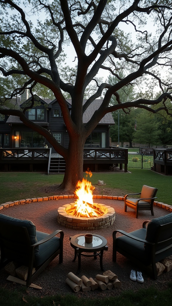 A cozy fire pit area with chairs and a large tree in the background.