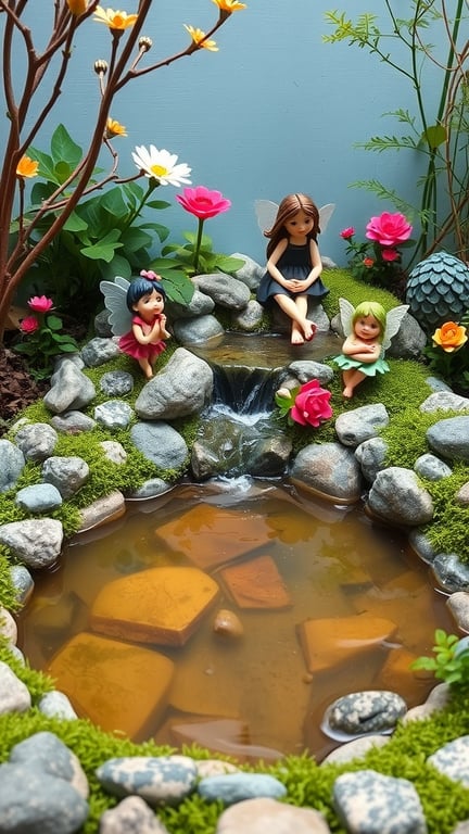 A small pond in a fairy garden with three fairy figurines and colorful flowers.