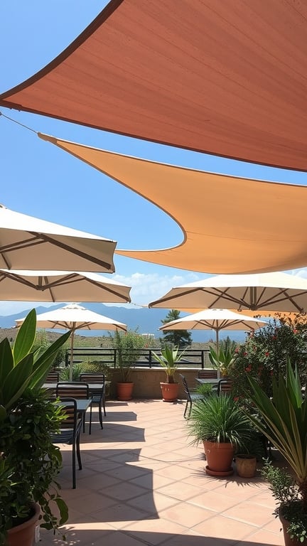 A sunny terrace with large umbrellas and shade sails providing shade, surrounded by potted plants.