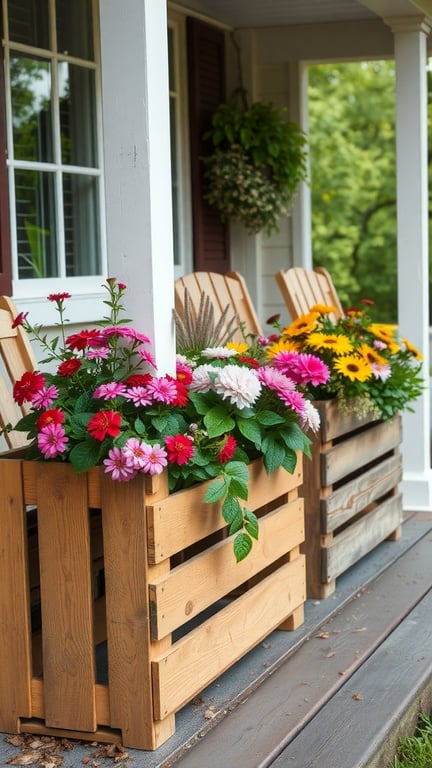 Wooden crate flower boxes filled with colorful flowers on a porch