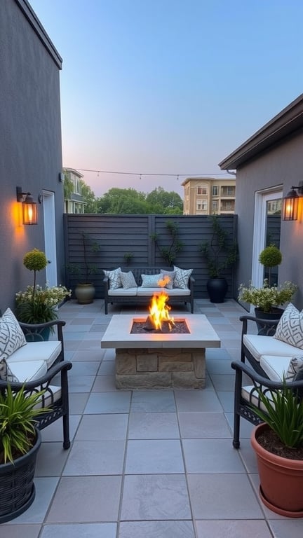 A cozy terrace garden featuring a fire pit surrounded by comfortable seating and potted plants.