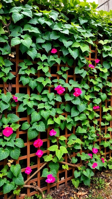 A wooden trellis covered with green leaves and pink flowers.