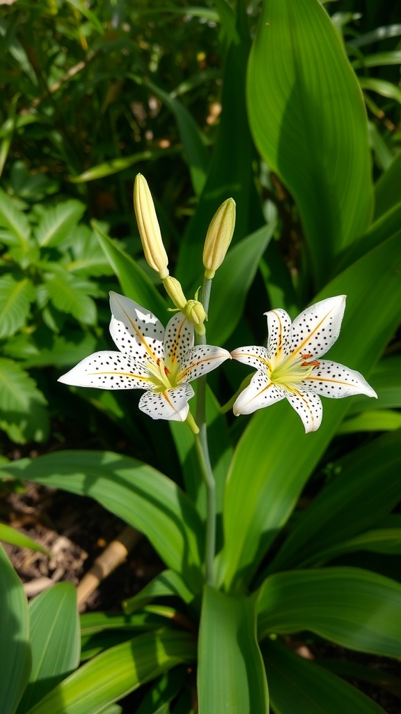 Close-up of Toad Lily flowers with white petals and purple spots surrounded by green leaves.