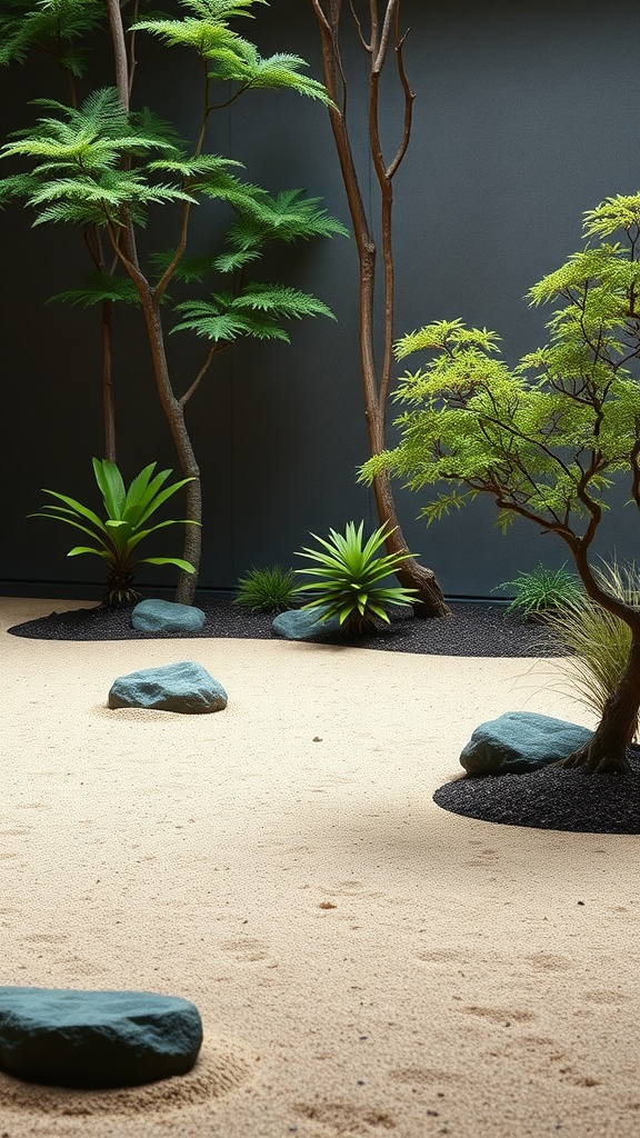 A serene Zen garden with sand, rocks, and lush greenery.