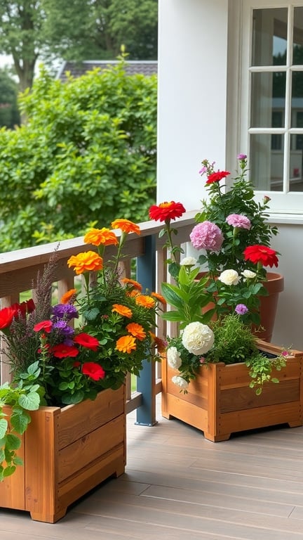 Wooden planter boxes filled with colorful flowers on a terrace