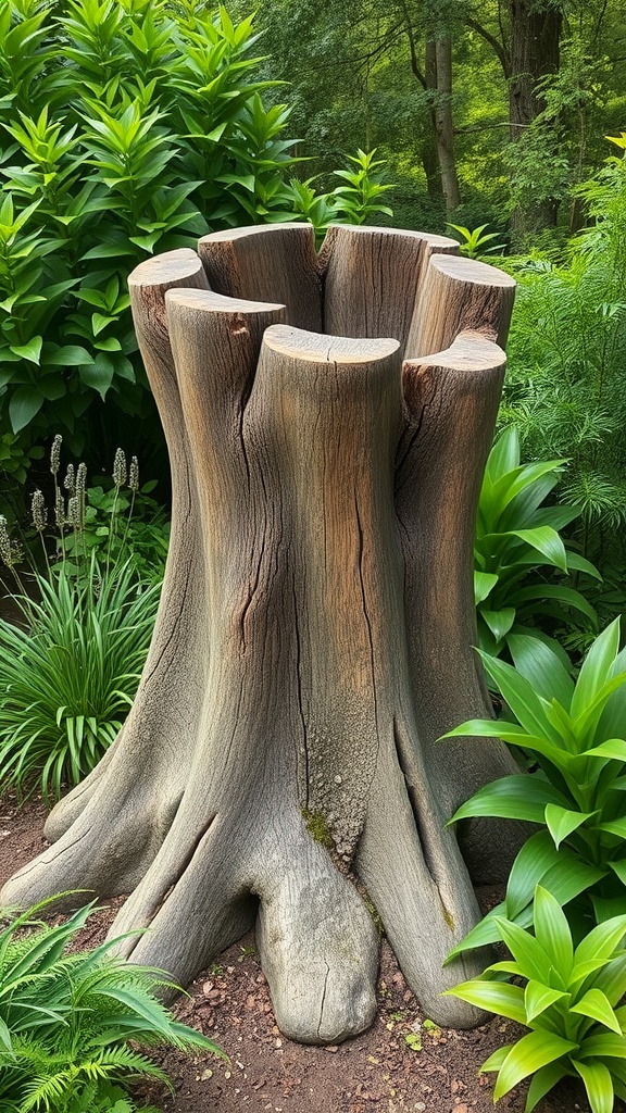 A beautifully crafted tree stump surrounded by lush green plants in a garden.