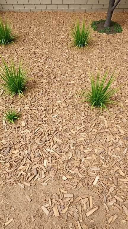A landscaped area with mulch and green plants.
