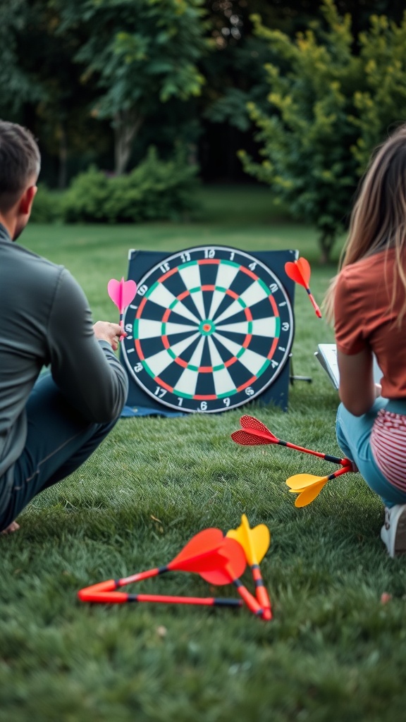Two players aiming lawn darts at a target board in a grassy area.