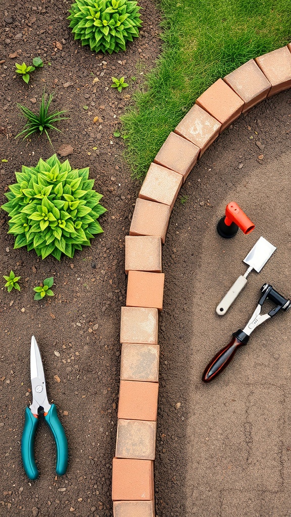 A garden with brick edging, tools, and plants