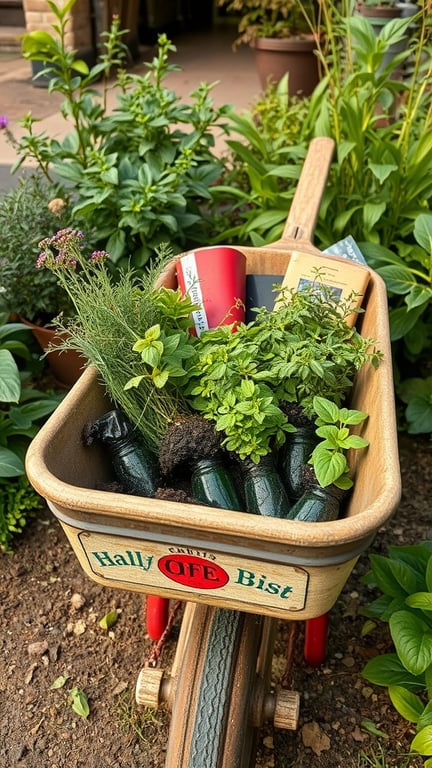 A wooden wheelbarrow filled with various herbs and gardening supplies, surrounded by green plants.