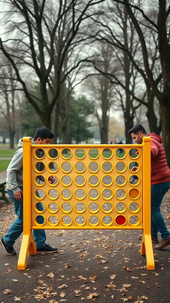 Two people playing Giant Connect Four outdoors with a yellow game board surrounded by trees and fallen leaves.