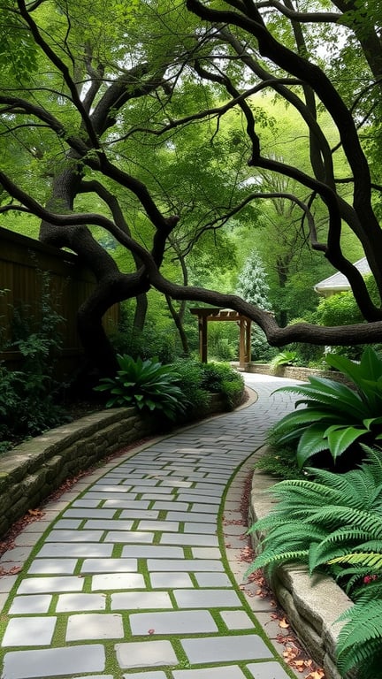 A winding stone pathway surrounded by lush greenery and overhanging branches in a shade garden.