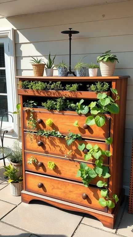 A repurposed wooden dresser filled with plants, showcasing a creative garden feature.