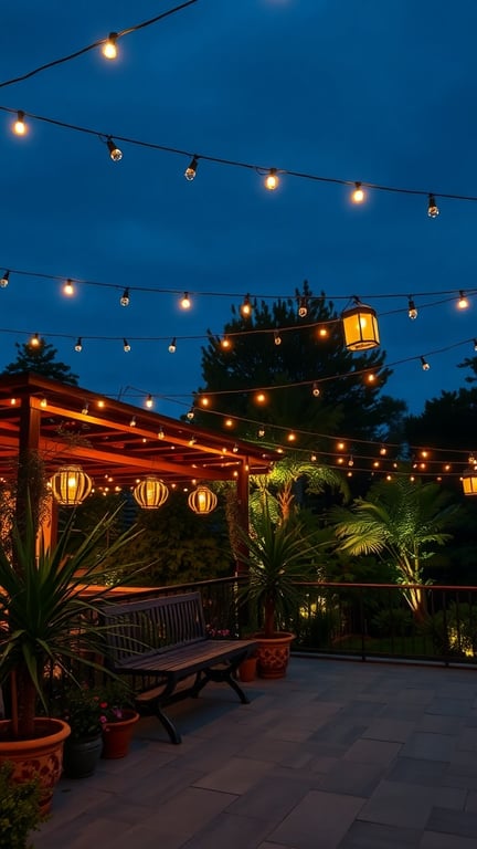 A terrace garden illuminated with string lights and lanterns, creating a warm and inviting evening atmosphere.