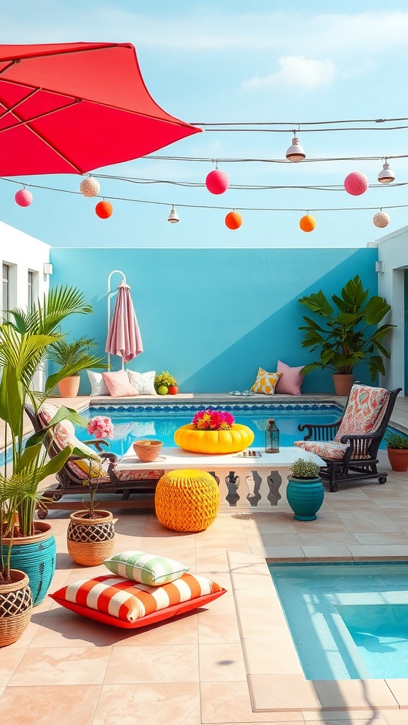 A vibrant backyard pool area with colorful accessories, including a red umbrella, bright cushions, and decorative plants.