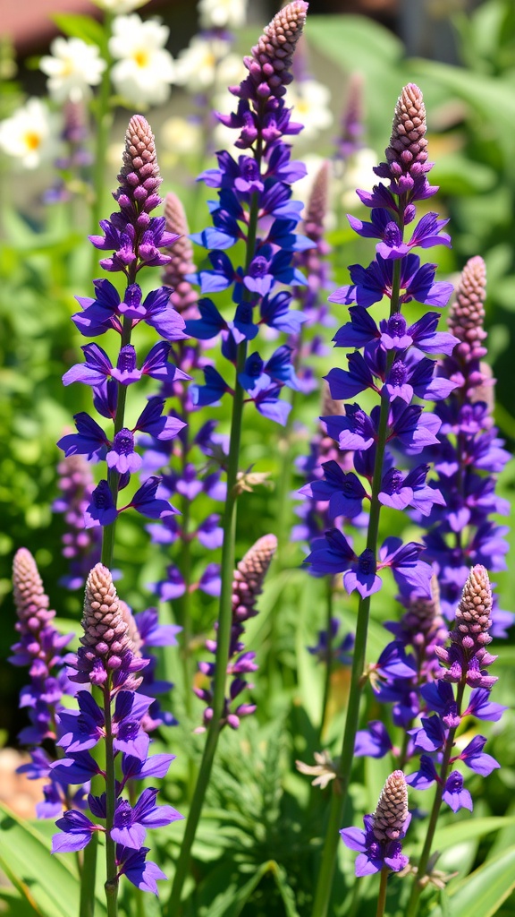 Tall purple Salvia flowers in a garden