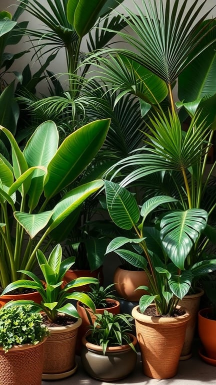 A variety of tropical potted plants with lush green foliage.