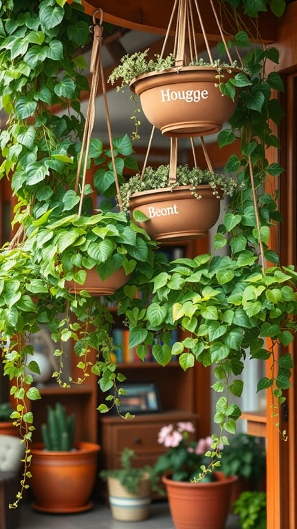 Hanging baskets with cascading ivy labeled 'Hougge' and 'Beont' in a cozy indoor setting.