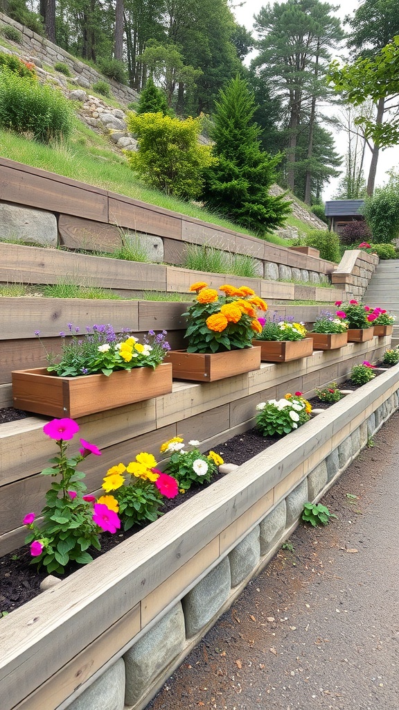 Timber retaining wall with colorful flower planters on a slope