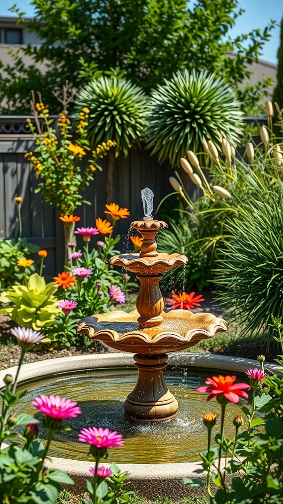 A beautiful solar water fountain surrounded by colorful flowers and greenery.