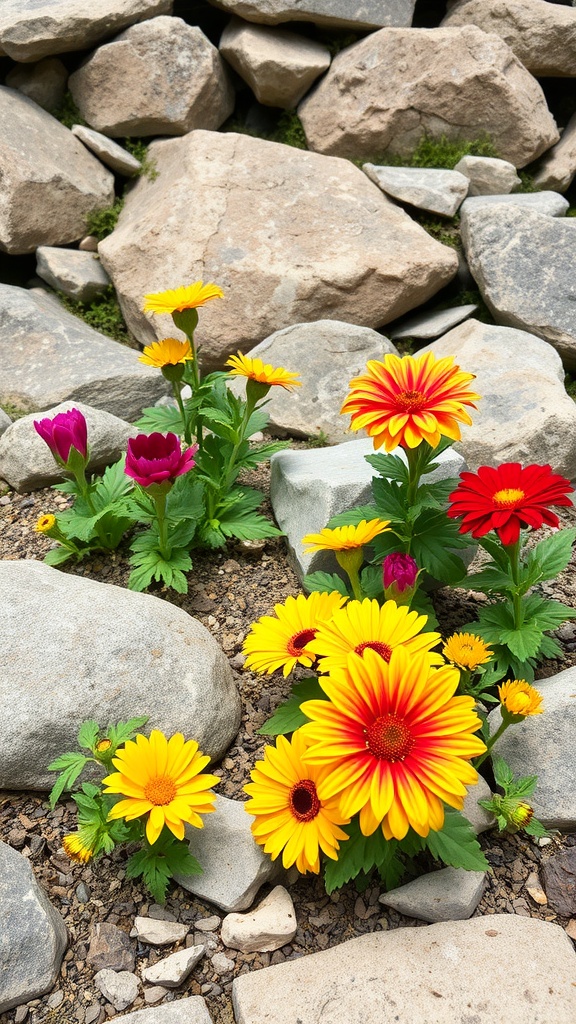 Colorful flowers in a rockery garden with stones