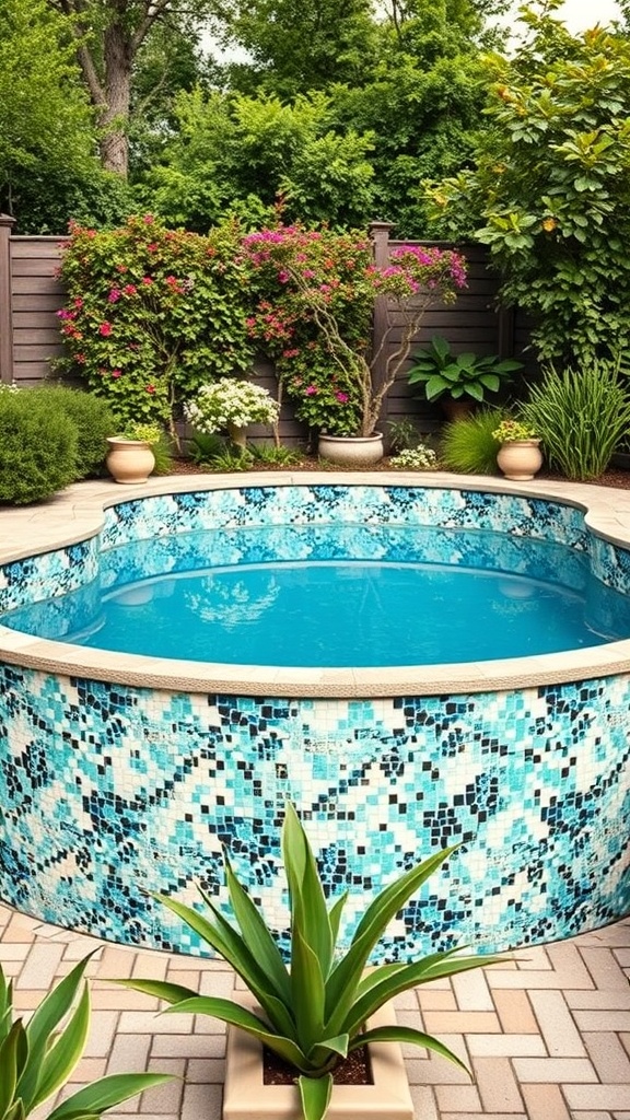 A beautifully designed above-ground pool with a mosaic liner and surrounded by lush greenery and flowers.