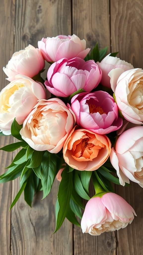 A bouquet of colorful peonies in various shades, including pink, white, and orange, arranged with green leaves.