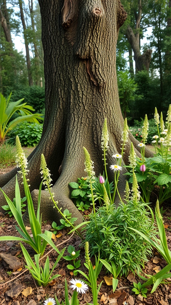 A close-up of a tree trunk surrounded by native plants and flowers, showcasing a natural landscaping idea.
