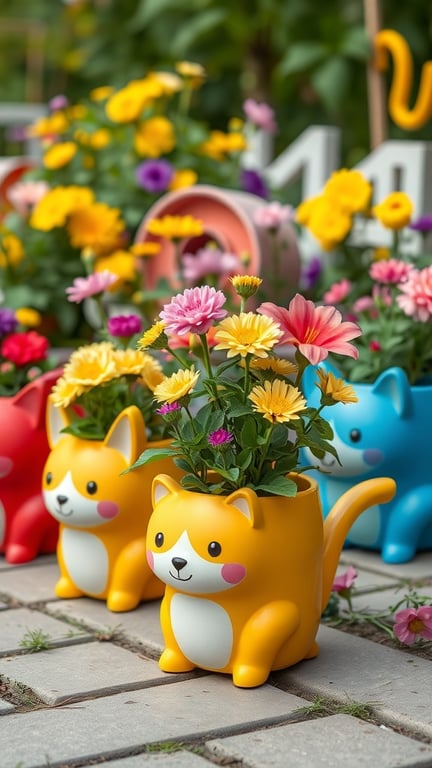 Colorful animal-shaped flower pots with vibrant flowers