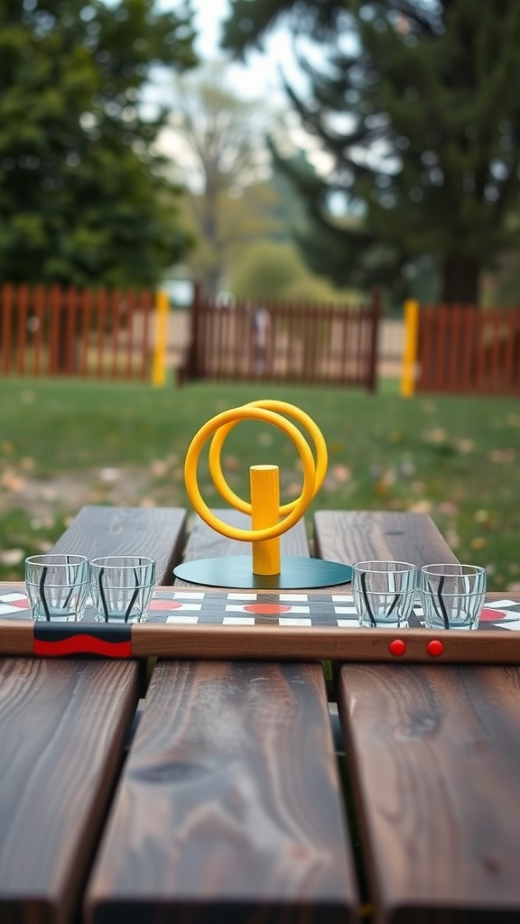 A ring toss game set up on a wooden table at a picnic, featuring yellow rings and glass cups.