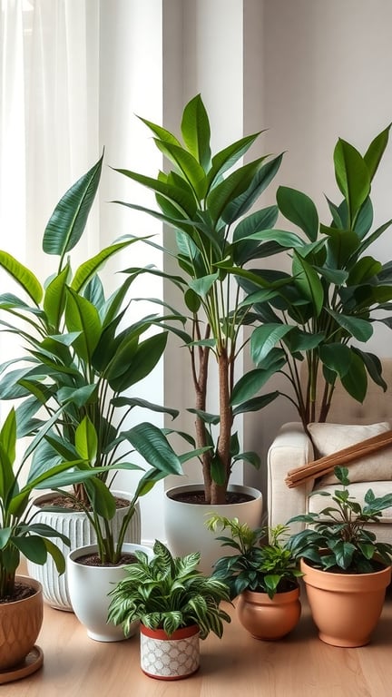 A variety of potted foliage plants arranged in a bright room