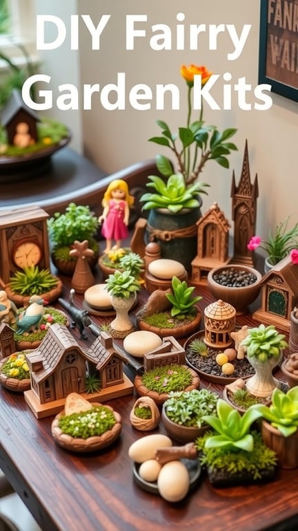A colorful DIY fairy garden with miniature houses, plants, and decorations.