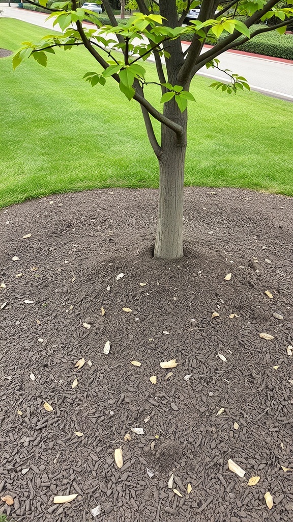 A tree surrounded by dark mulch, showcasing a clean and neat landscaping appearance.