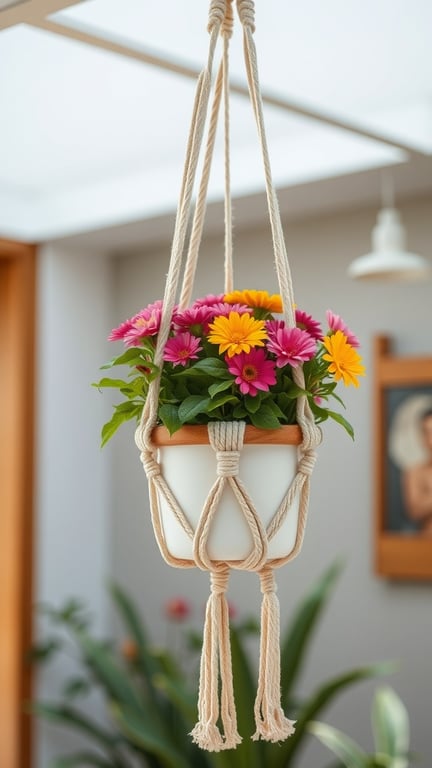 A colorful arrangement of flowers in a macrame hanging pot
