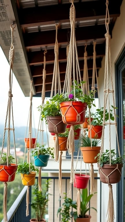 Colorful hanging planters with various plants on a balcony