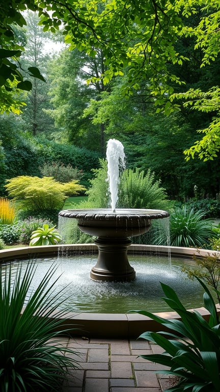 A serene garden featuring a fountain surrounded by lush greenery.