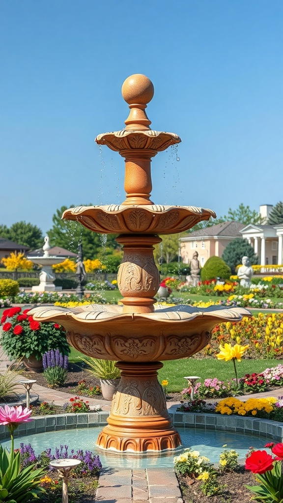 A tiered solar water fountain surrounded by colorful flowers in a garden.