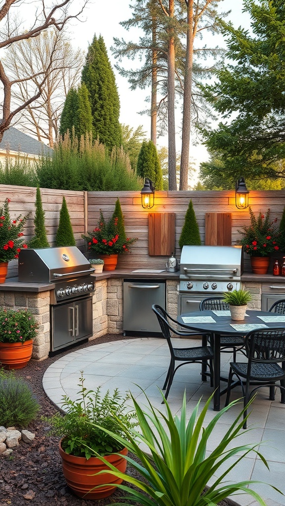 A stylish outdoor kitchen setup featuring a grill, counter space, and seating surrounded by greenery.