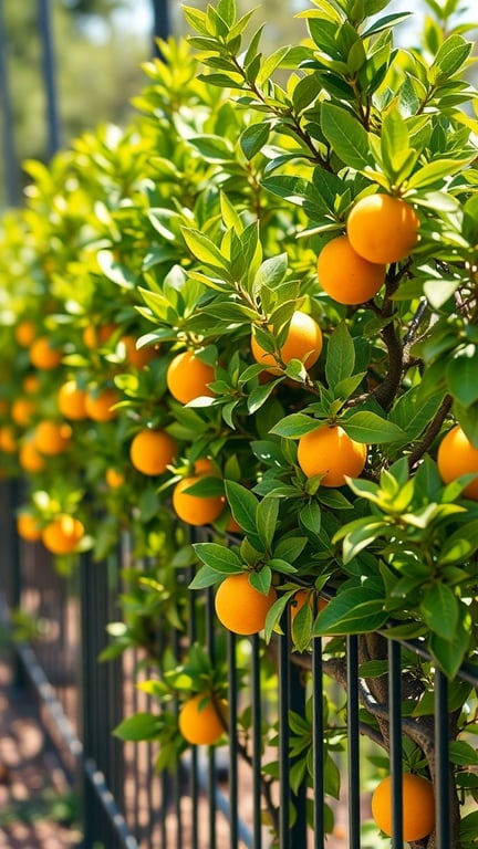 Citrus tree fence with ripe oranges and green leaves.