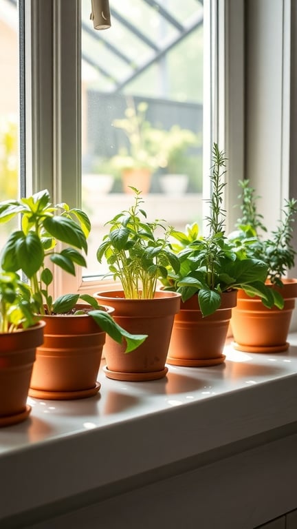A row of small terracotta pots with various herbs on a windowsill, illuminated by sunlight.