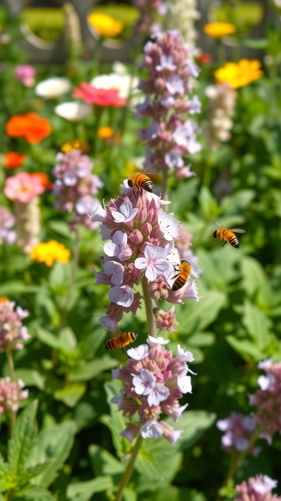 A vibrant garden featuring catmint flowers with bees buzzing around them.