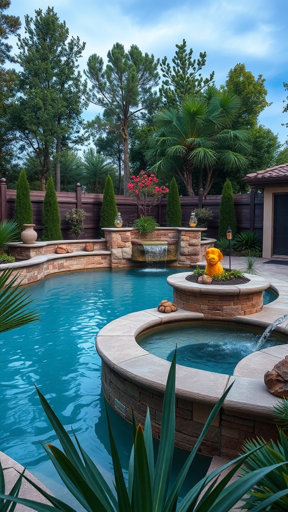 A beautifully designed above-ground pool with integrated water features, including a waterfall and lush landscaping.