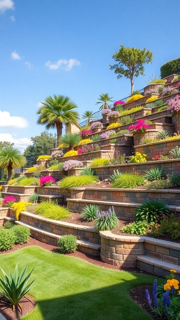 A beautiful terraced garden with colorful flowers and greenery on a slope.
