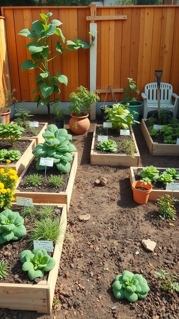A well-organized vegetable garden with raised wooden beds filled with various plants and herbs.