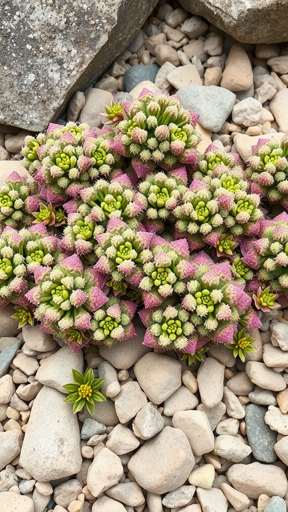 A cluster of sedum plants with green and pink blooms on a rocky surface.