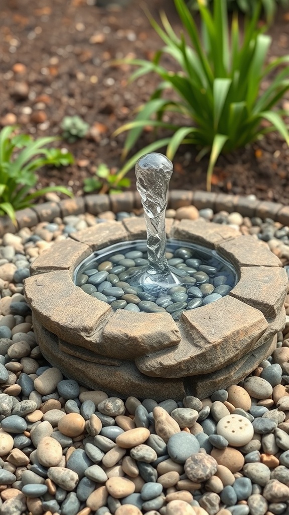 A solar water fountain with a stone base surrounded by pebbles and green plants.